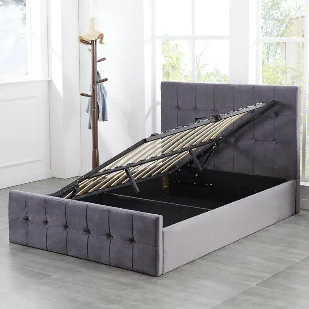 Small Double Ottoman Bed with Storage - Grey, Velvet