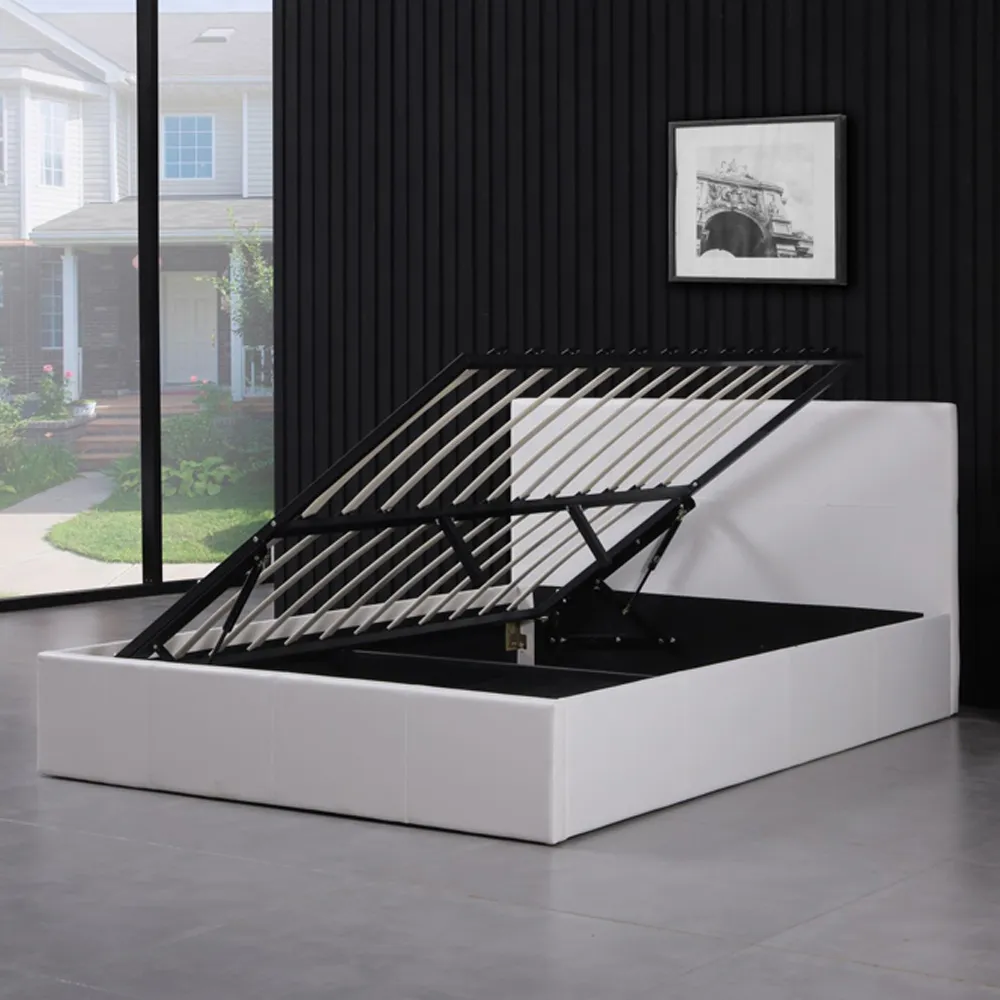 Small Double Ottoman Bed with Storage - White, Faux Leather