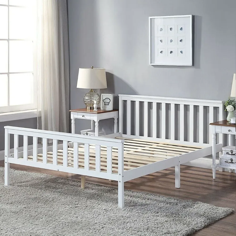 Small Double Wooden Bed Frame - White, Pine image