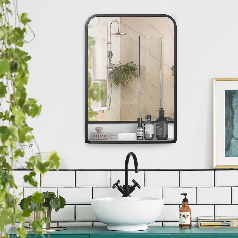 Square Wall Mirror with Shelf - Black