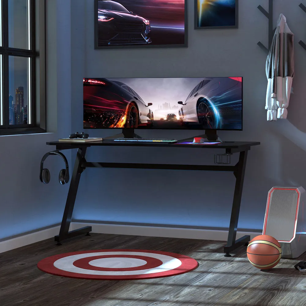 Steel Gaming Desk with Cup Holder - Black