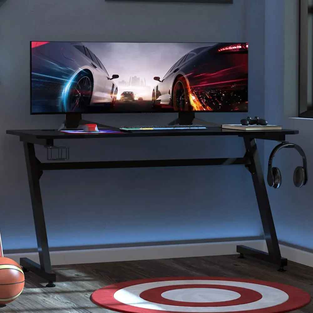 Steel Gaming Desk with Cup Holder - Black image