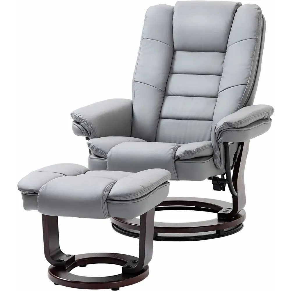 Swivel Manual Recliner Chair with Footrest - Grey, PU Leather