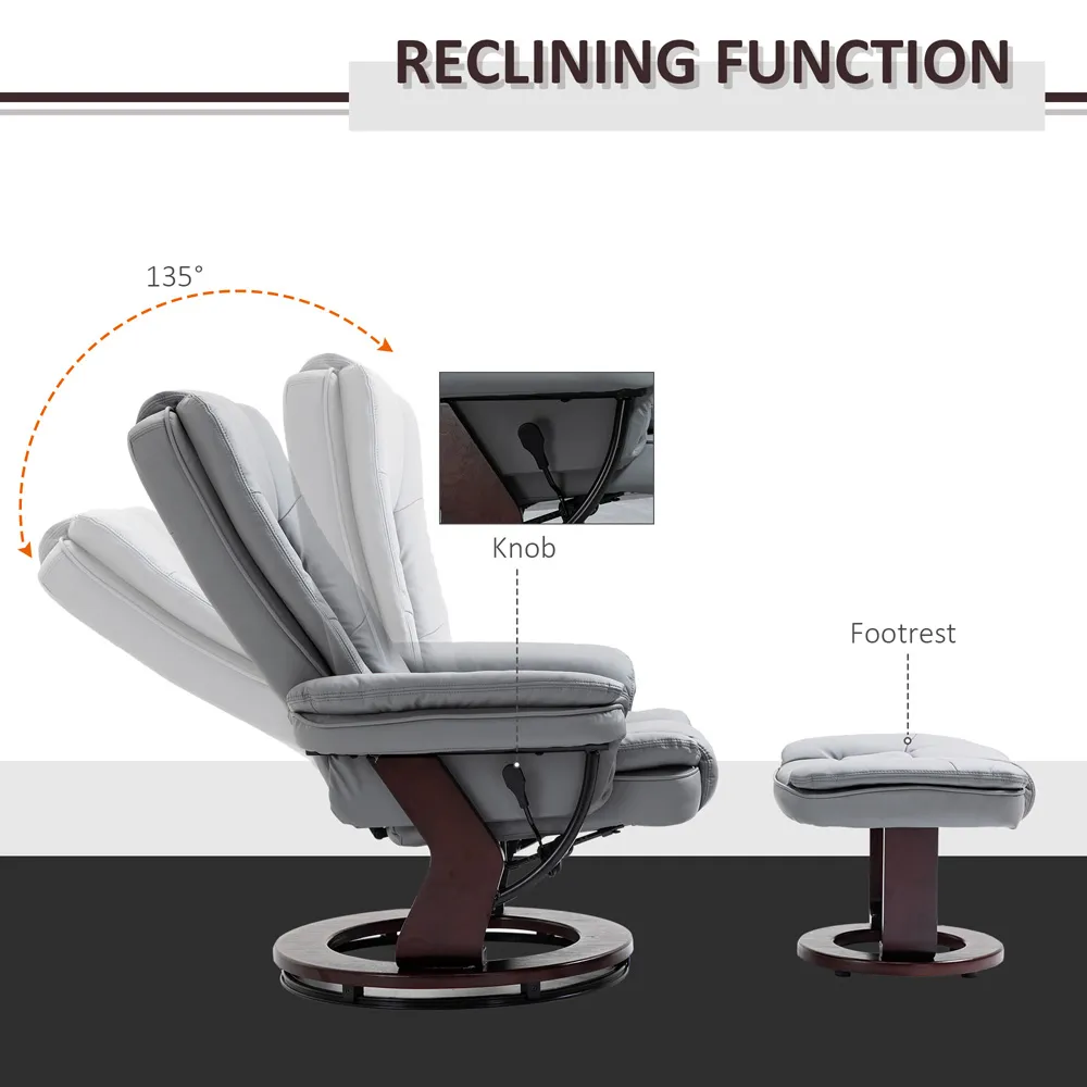 Swivel Manual Recliner Chair with Footrest - Grey, PU Leather