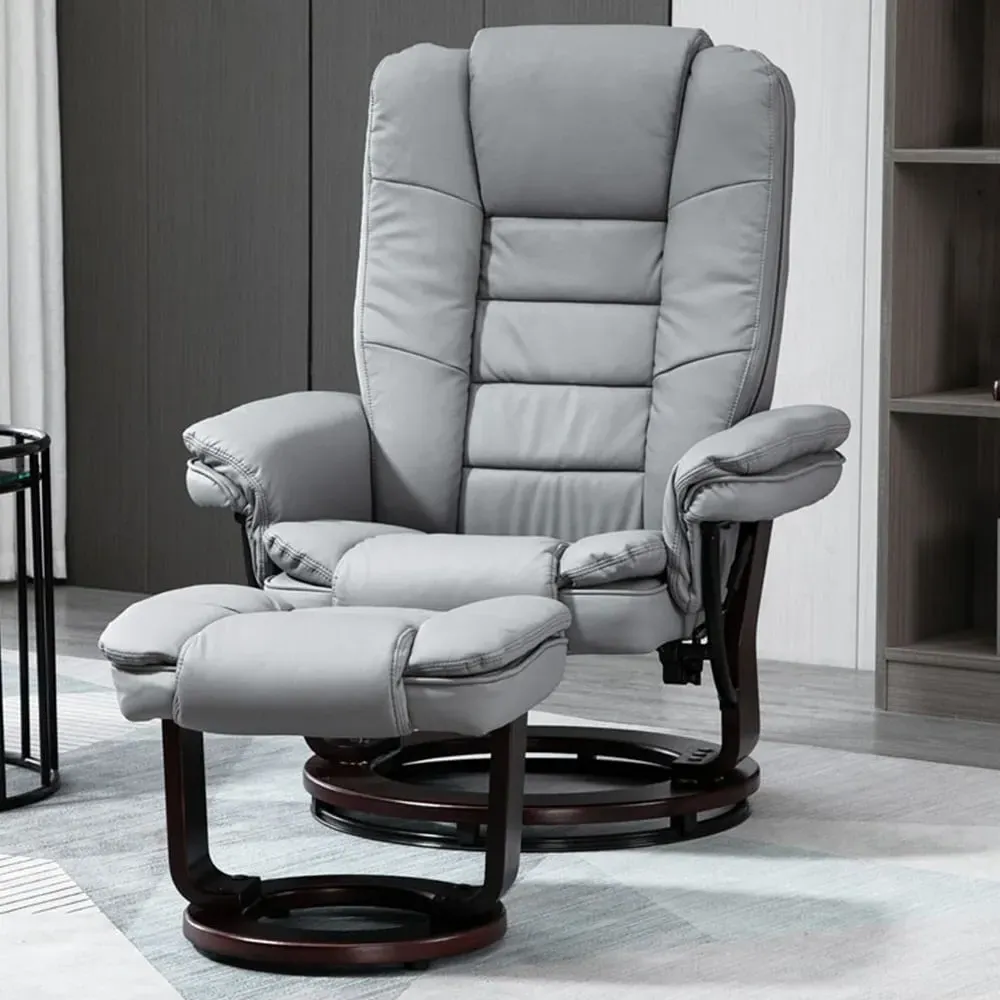 Swivel Manual Recliner Chair with Footrest - Grey, PU Leather