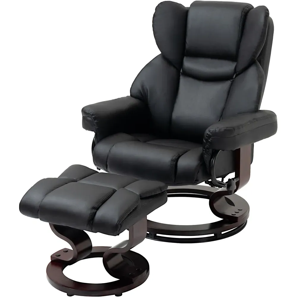 Swivel Manual Recliner Chair with Footstool - Black, PU Leather