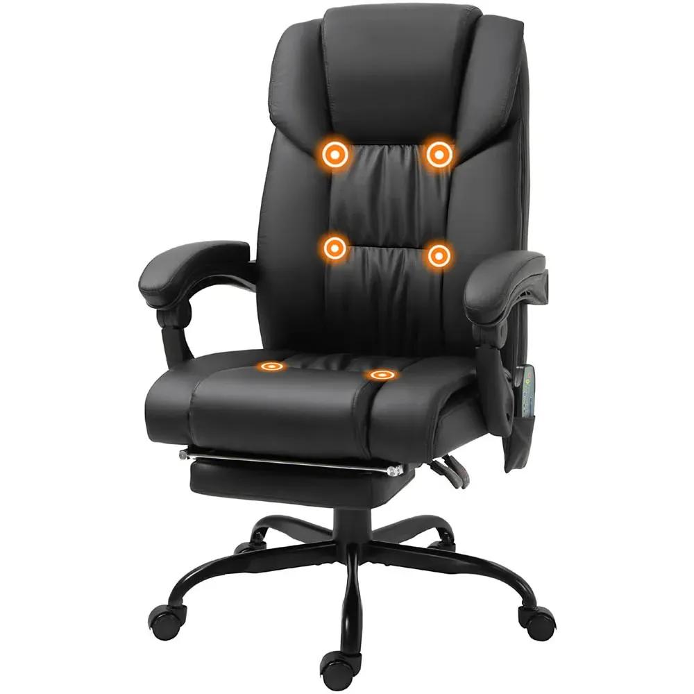 Swivel Massage Office Chair with Footrest - Black, PU Leather