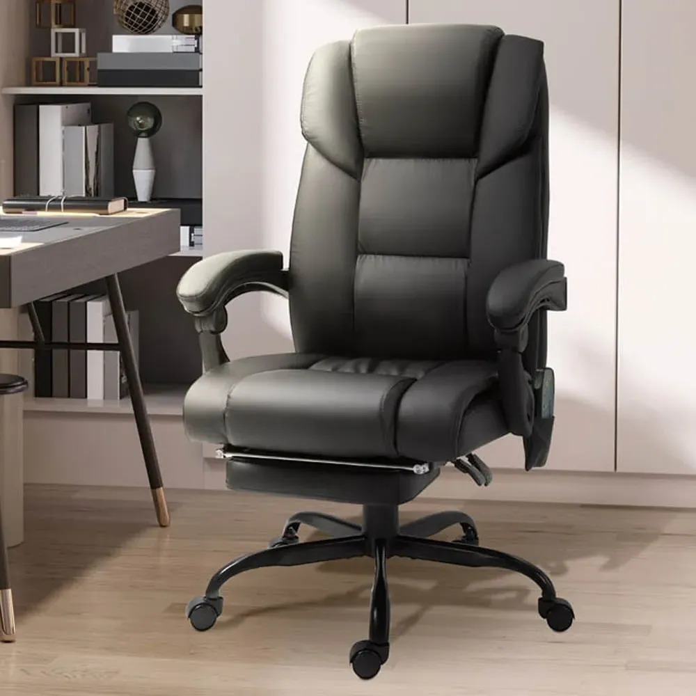 Swivel Massage Office Chair with Footrest - Black, PU Leather