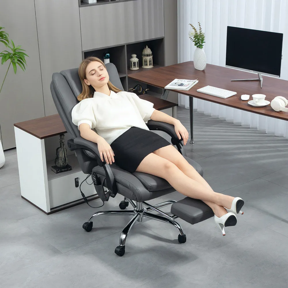 Swivel Massage Office Chair with Footrest - Grey, PU Leather