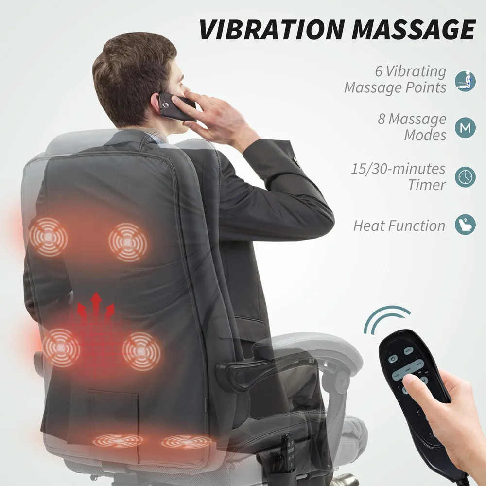 Swivel Massage Office Chair with Footrest - Grey, PU Leather