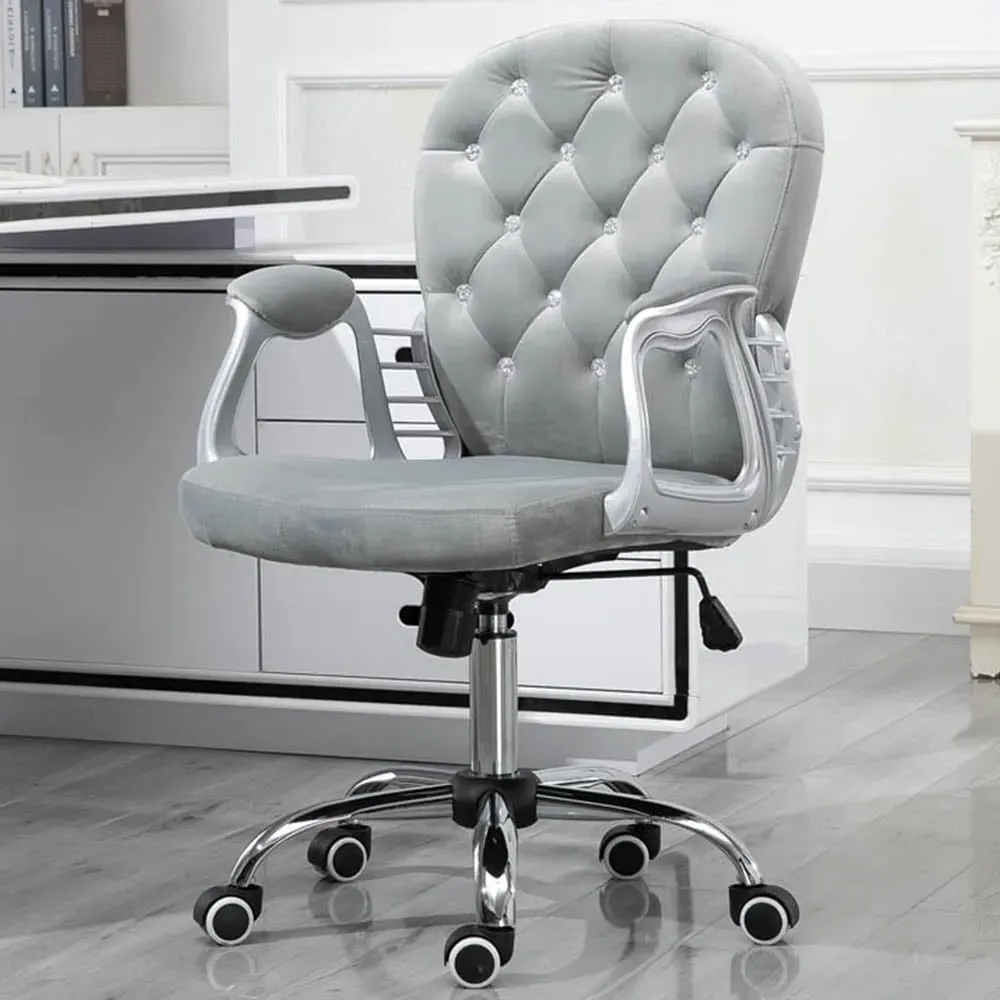 Swivel Office Chair with Diamante Tufting - Grey, Velvet image