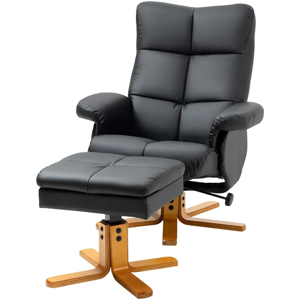 Swivel Recliner Chair with Footstool - Black, Faux Leather