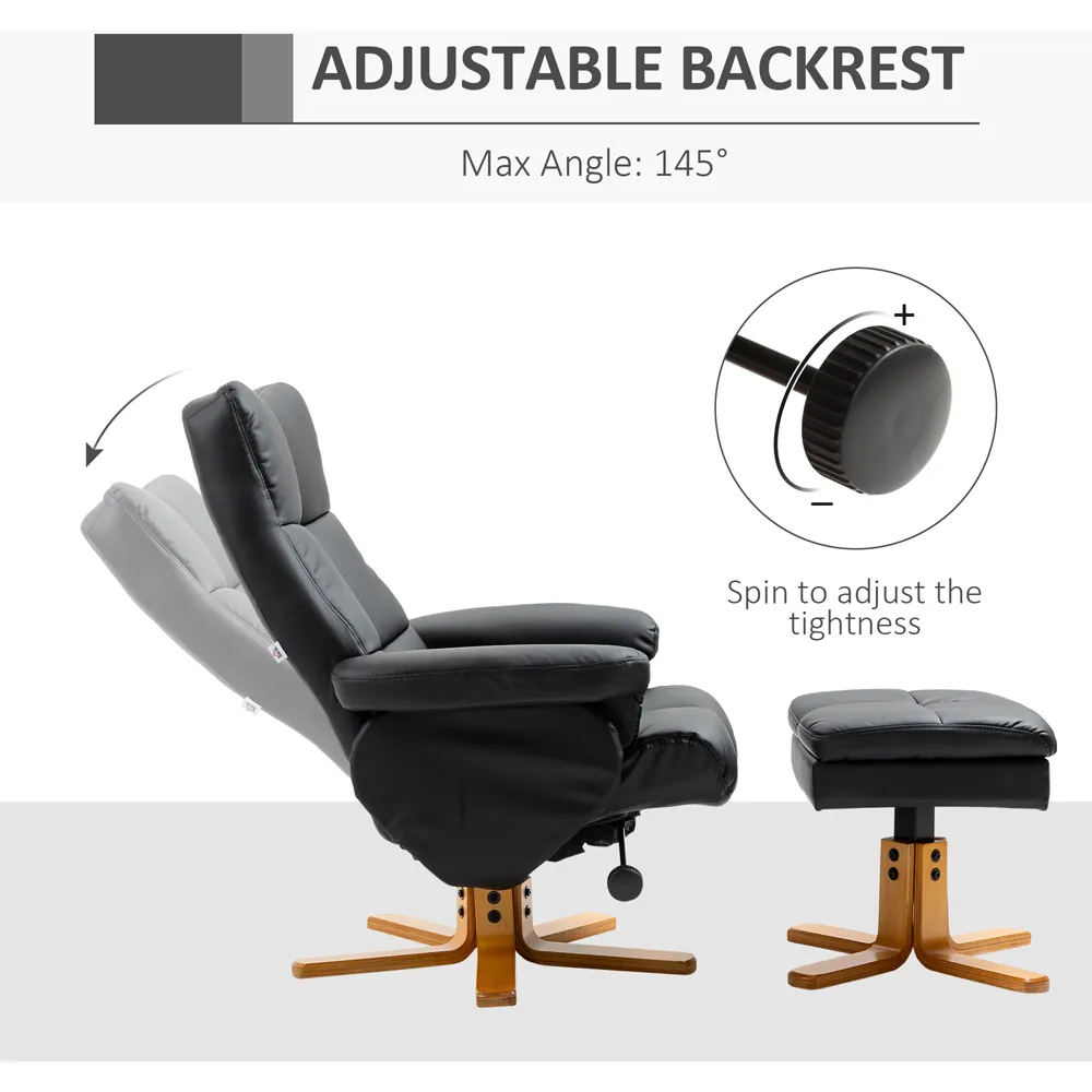 Swivel Recliner Chair with Footstool - Black, Faux Leather