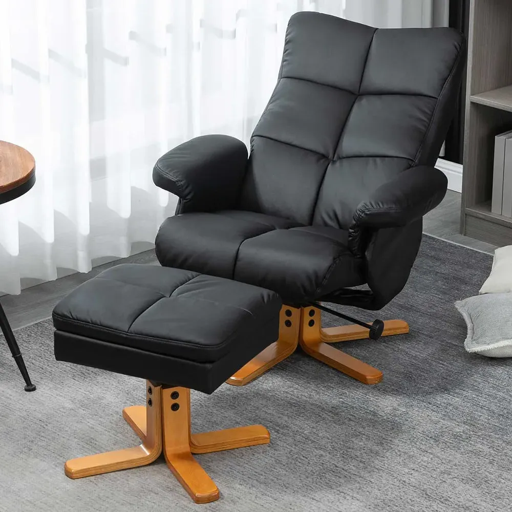 Swivel Recliner Chair with Footstool - Black, Faux Leather