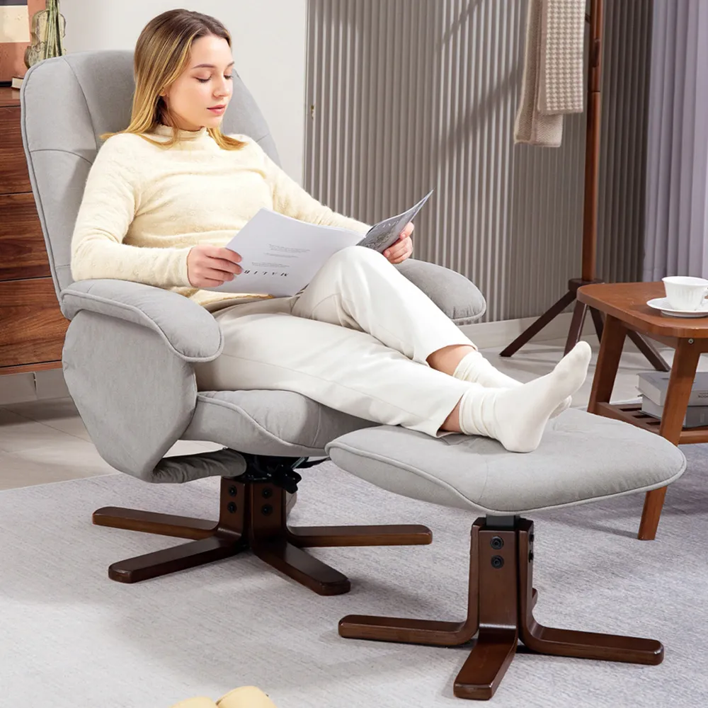 Swivel Recliner Chair with Footstool - Light Grey