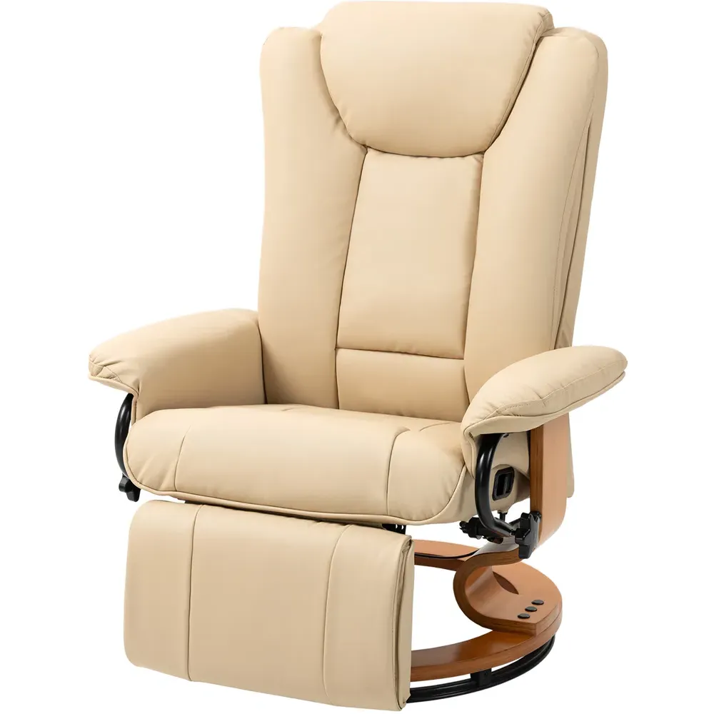 Swivel Reclining Armchair with Footrest - Beige, PU Leather