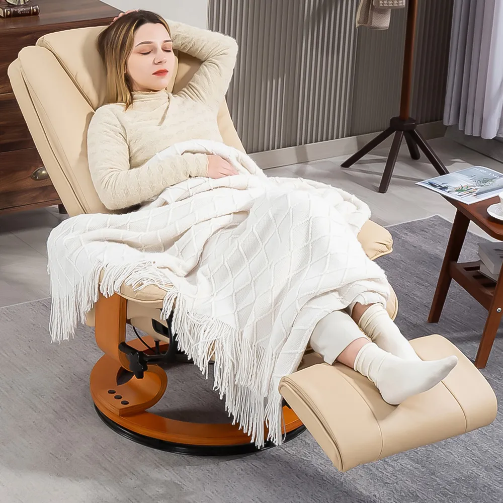 Swivel Reclining Armchair with Footrest - Beige, PU Leather