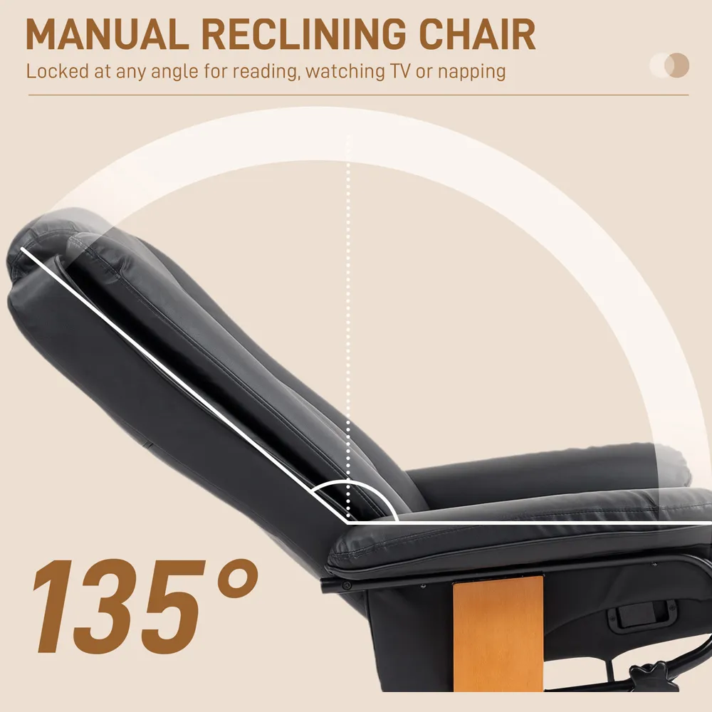 Swivel Reclining Armchair with Footrest - Black, PU Leather