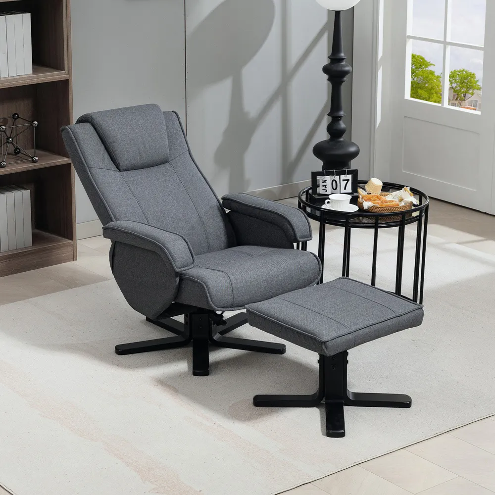Swivel Rocker Recliner Chair with Footstool - Grey, Linen