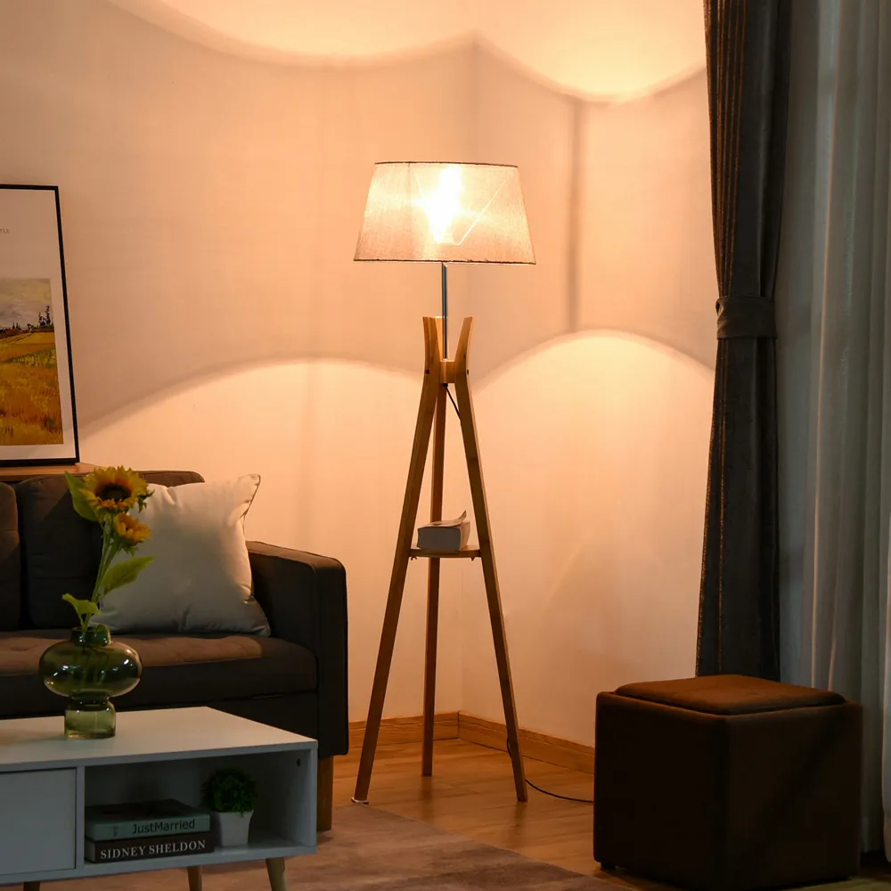 Tripod Floor Lamp with Shelf - Grey, Bamboo