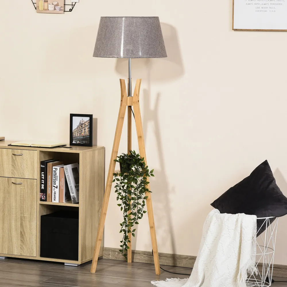 Tripod Floor Lamp with Shelf - Grey, Bamboo