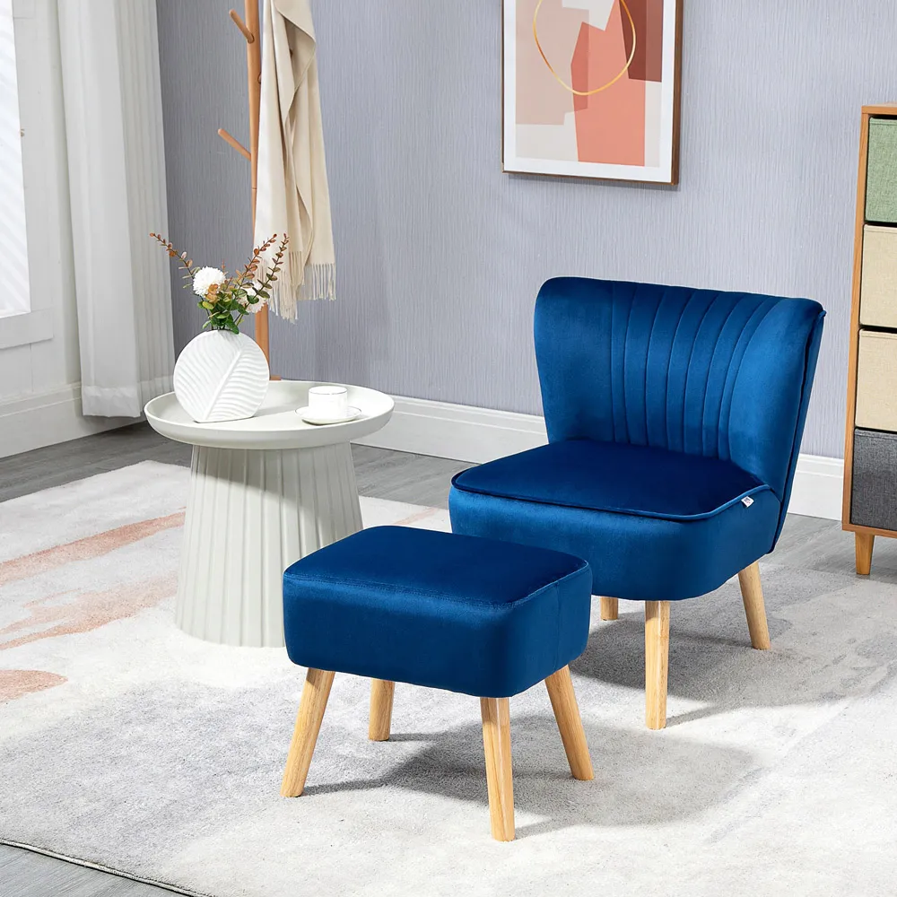Tufted Accent Chair with Footstool - Blue