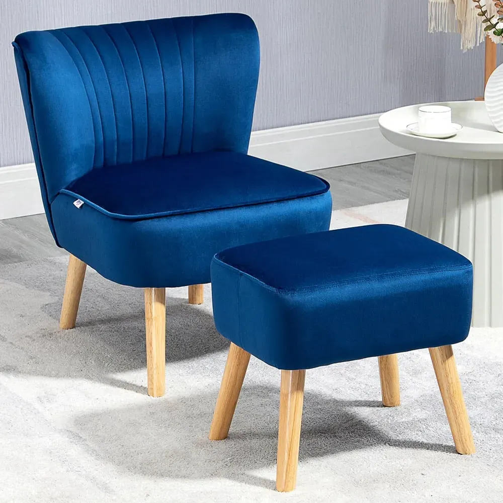 Tufted Accent Chair with Footstool - Blue image