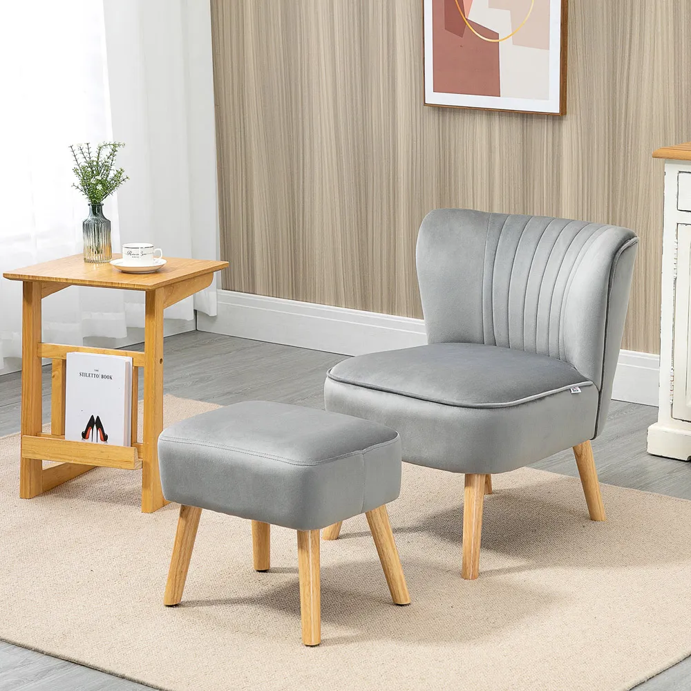 Tufted Accent Chair with Footstool - Grey
