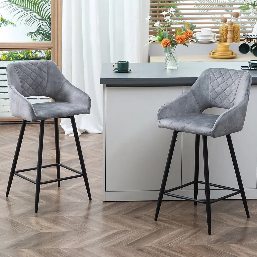 Velvet Bar Stool Set of 2 - Dark Grey
