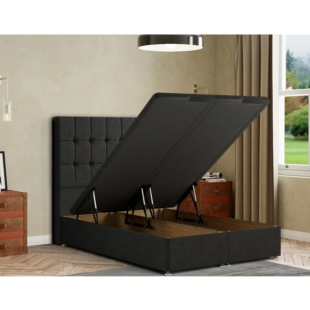 Venezia Single Ottoman Bed with Storage - Black, Linen