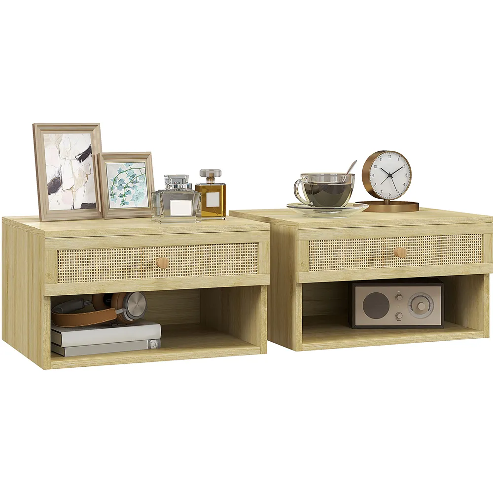 Wall Mounted Bedside Table Set of 2 with Storage - Brown, Rattan