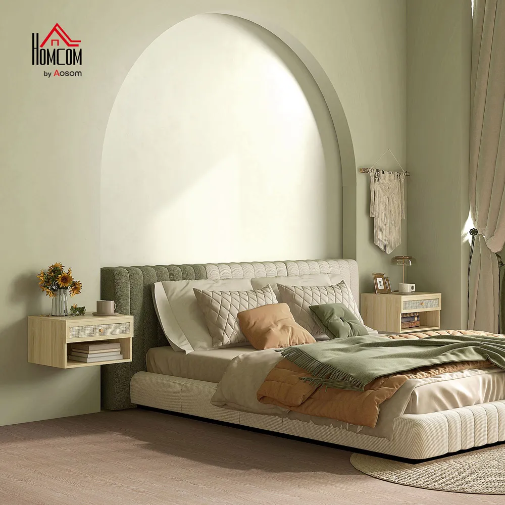 Wall Mounted Bedside Table Set of 2 with Storage - Brown, Rattan