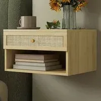 Wall Mounted Bedside Table Set of 2 with Storage - Brown, Rattan