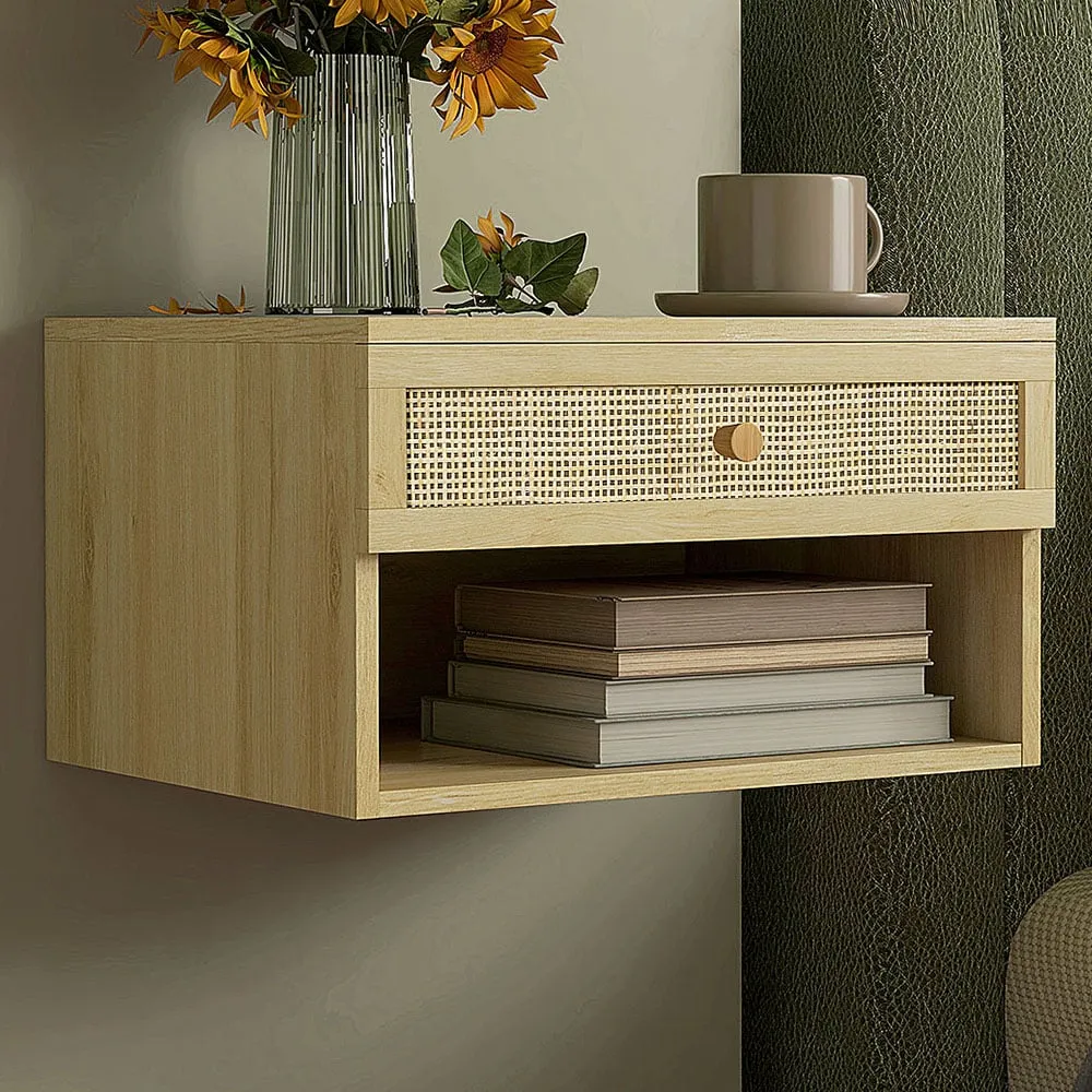 Wall Mounted Bedside Table Set of 2 with Storage - Brown, Rattan