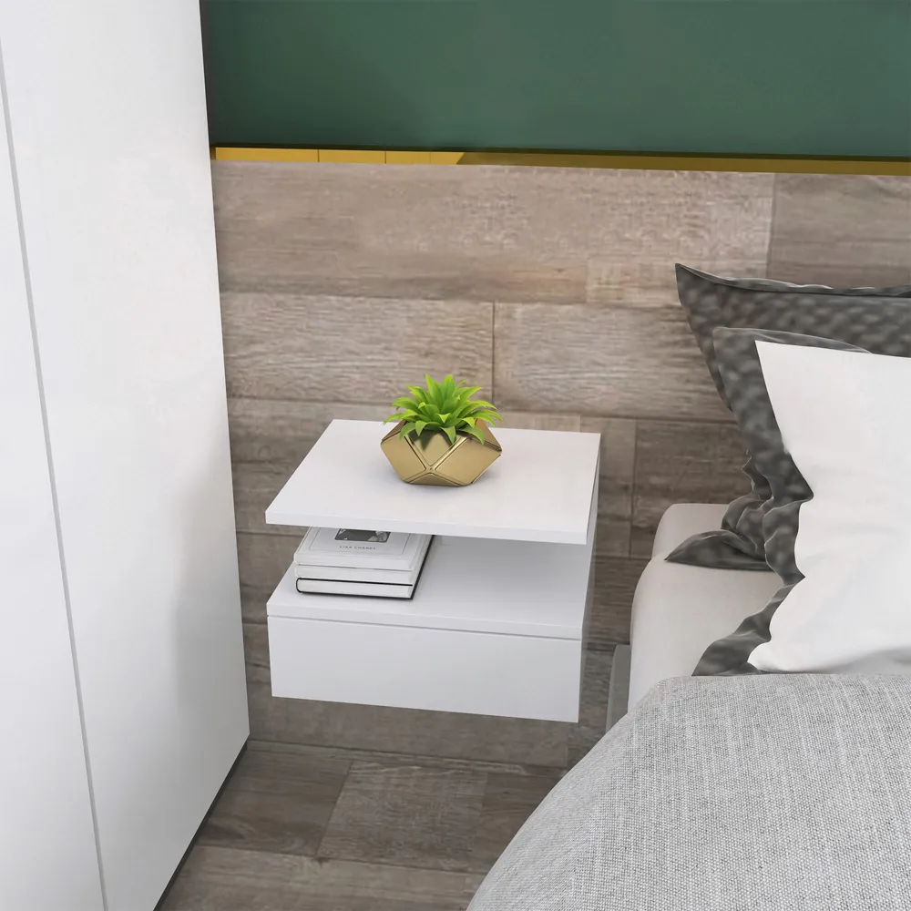 Wall Mounted Bedside Table Set of 2 with Storage - White