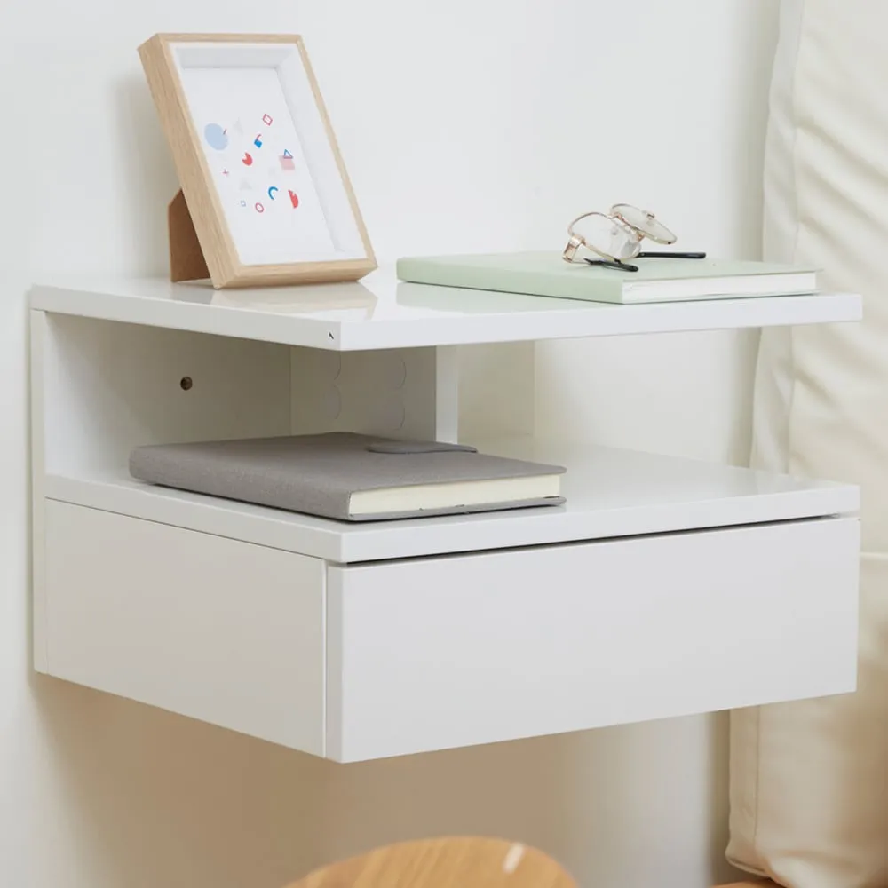 Wall Mounted Bedside Table Set of 3 with Storage - White