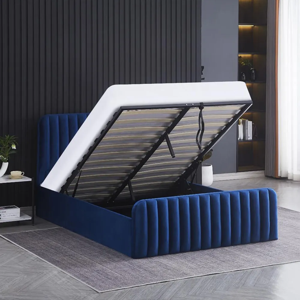 Wave Double Ottoman Bed with Storage - Blue, Velvet