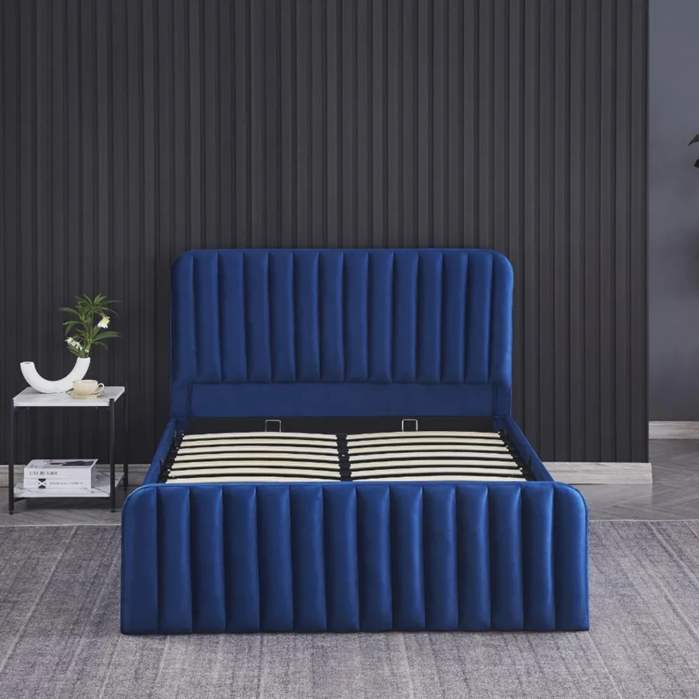 Wave Double Ottoman Bed with Storage - Blue, Velvet