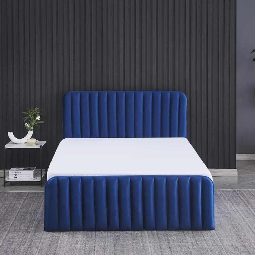 Wave Double Ottoman Bed with Storage - Blue, Velvet