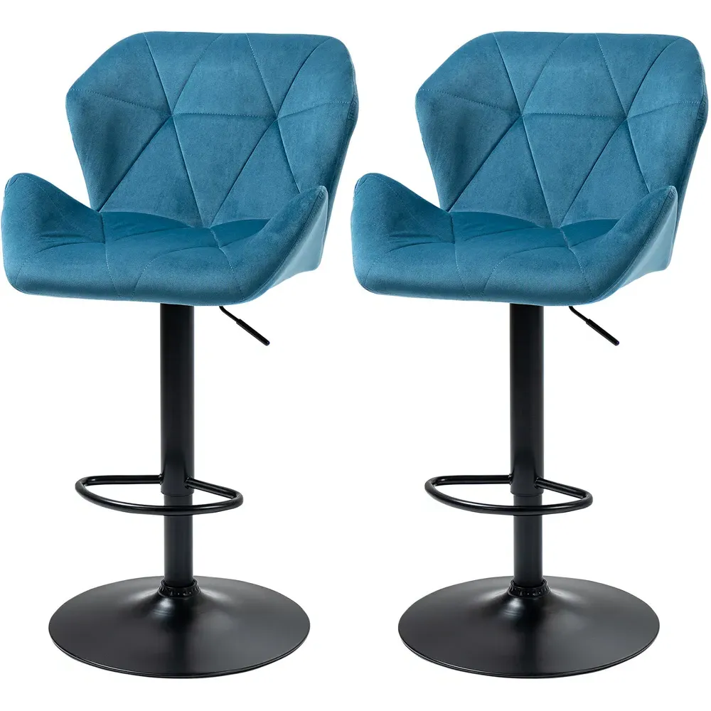 Wing-Shape Bar Stool Set of 2 Height Adjustable - Blue, Velvet