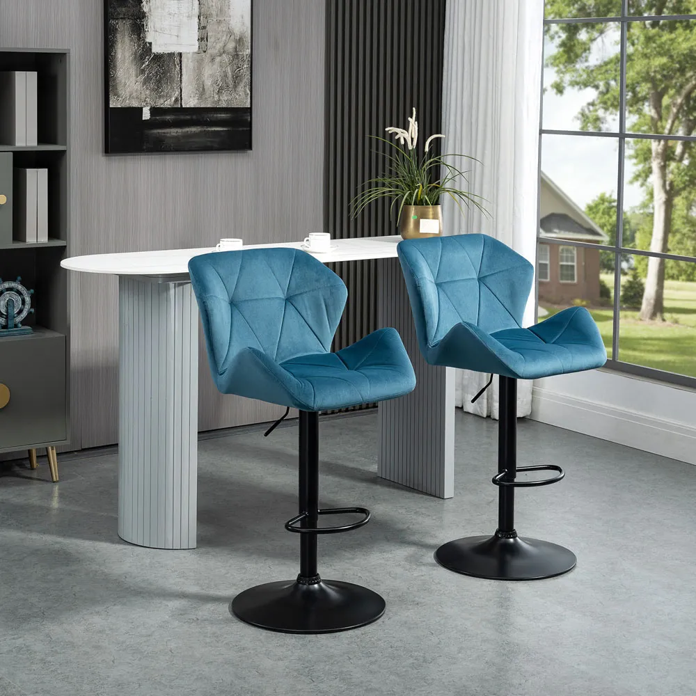 Wing-Shape Bar Stool Set of 2 Height Adjustable - Blue, Velvet