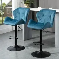 Wing-Shape Bar Stool Set of 2 Height Adjustable - Blue, Velvet