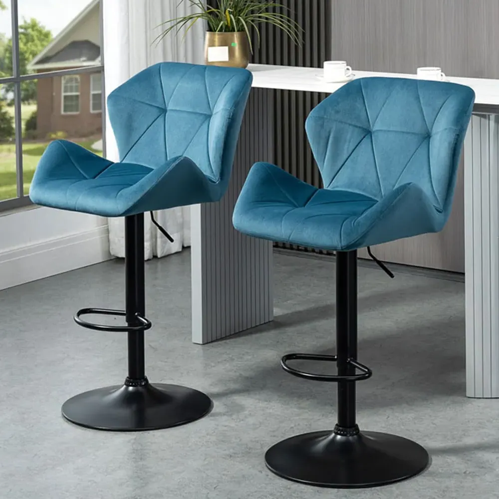 Wing-Shape Bar Stool Set of 2 Height Adjustable - Blue, Velvet image