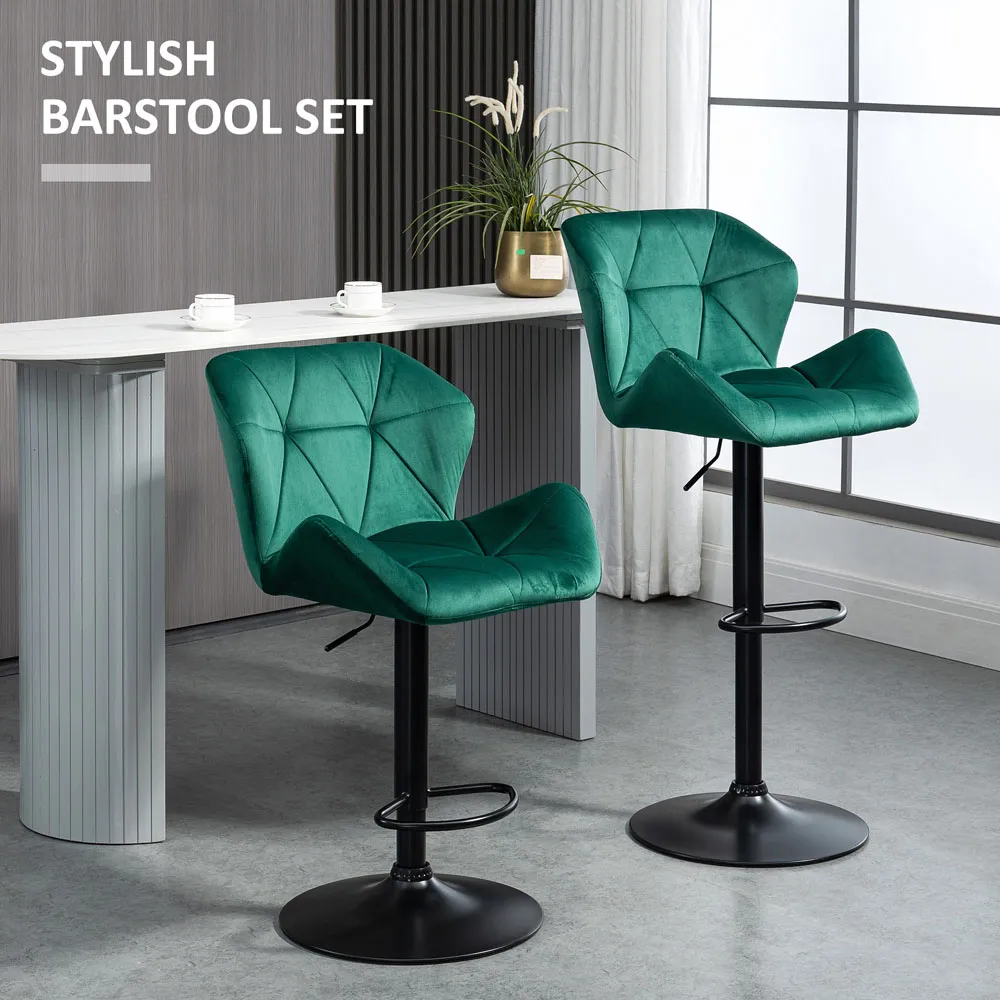 Wing-Shape Bar Stool Set of 2 Height Adjustable - Green, Velvet