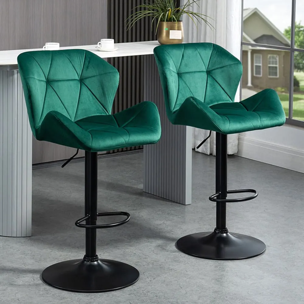 Wing-Shape Bar Stool Set of 2 Height Adjustable - Green, Velvet
