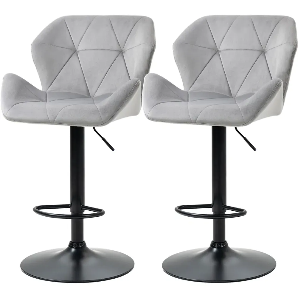 Wing-Shape Bar Stool Set of 2 Height Adjustable - Grey, Velvet