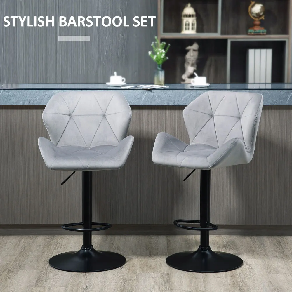 Wing-Shape Bar Stool Set of 2 Height Adjustable - Grey, Velvet
