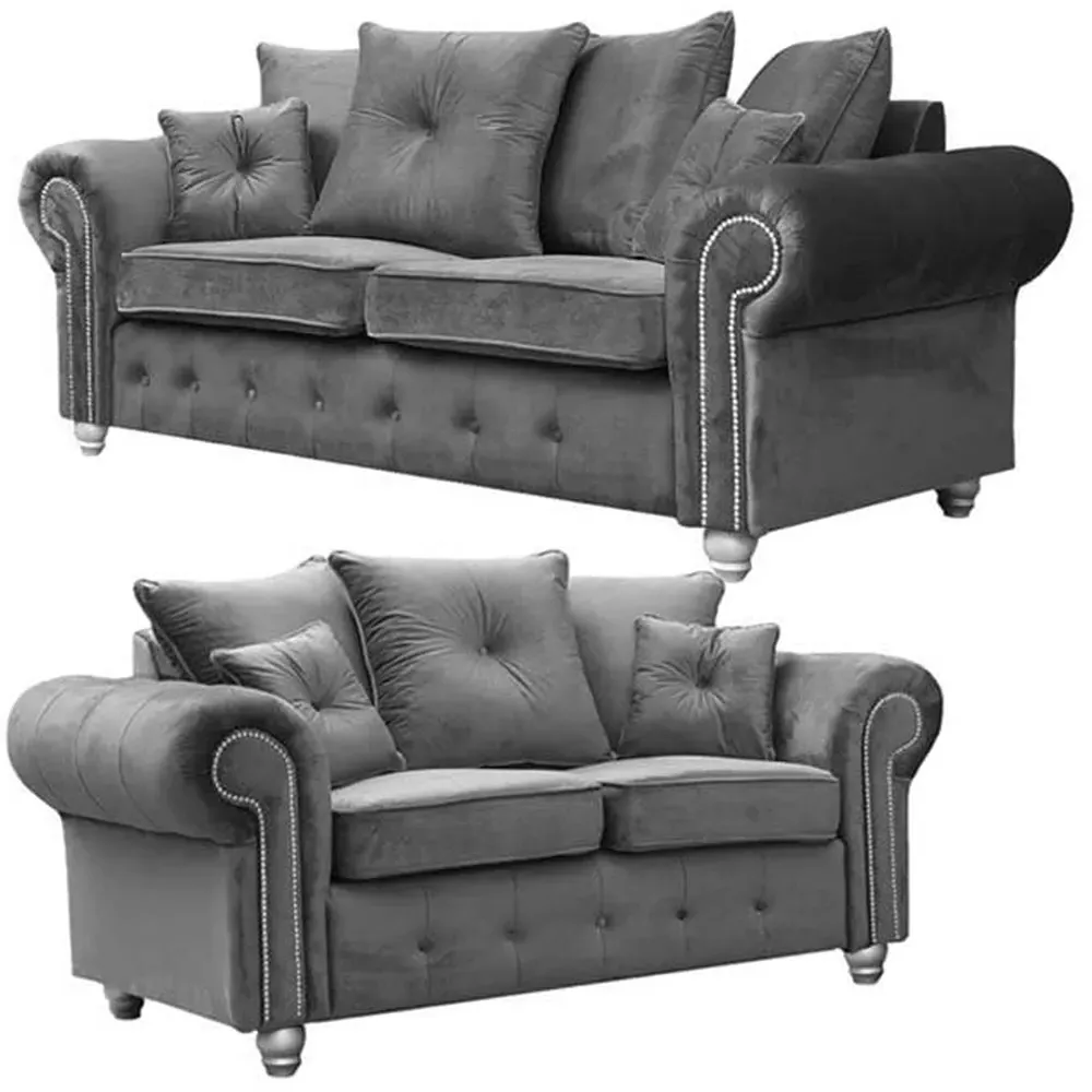 Zoey 5-Seater Chesterfield Sofa Suite - Grey, Velvet