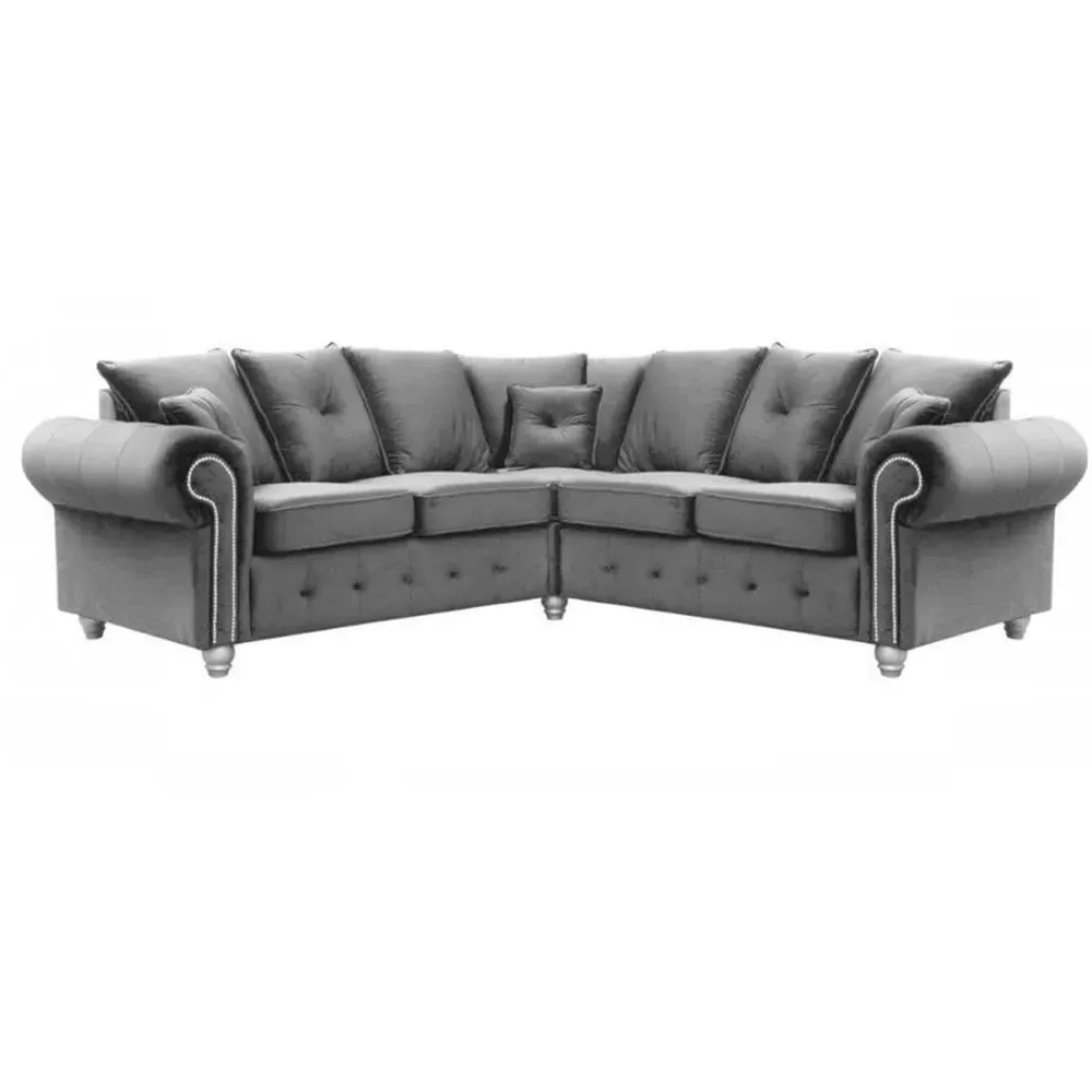 Zoey L-Shaped 5-Seater Chesterfield Corner Sofa - Grey, Velvet