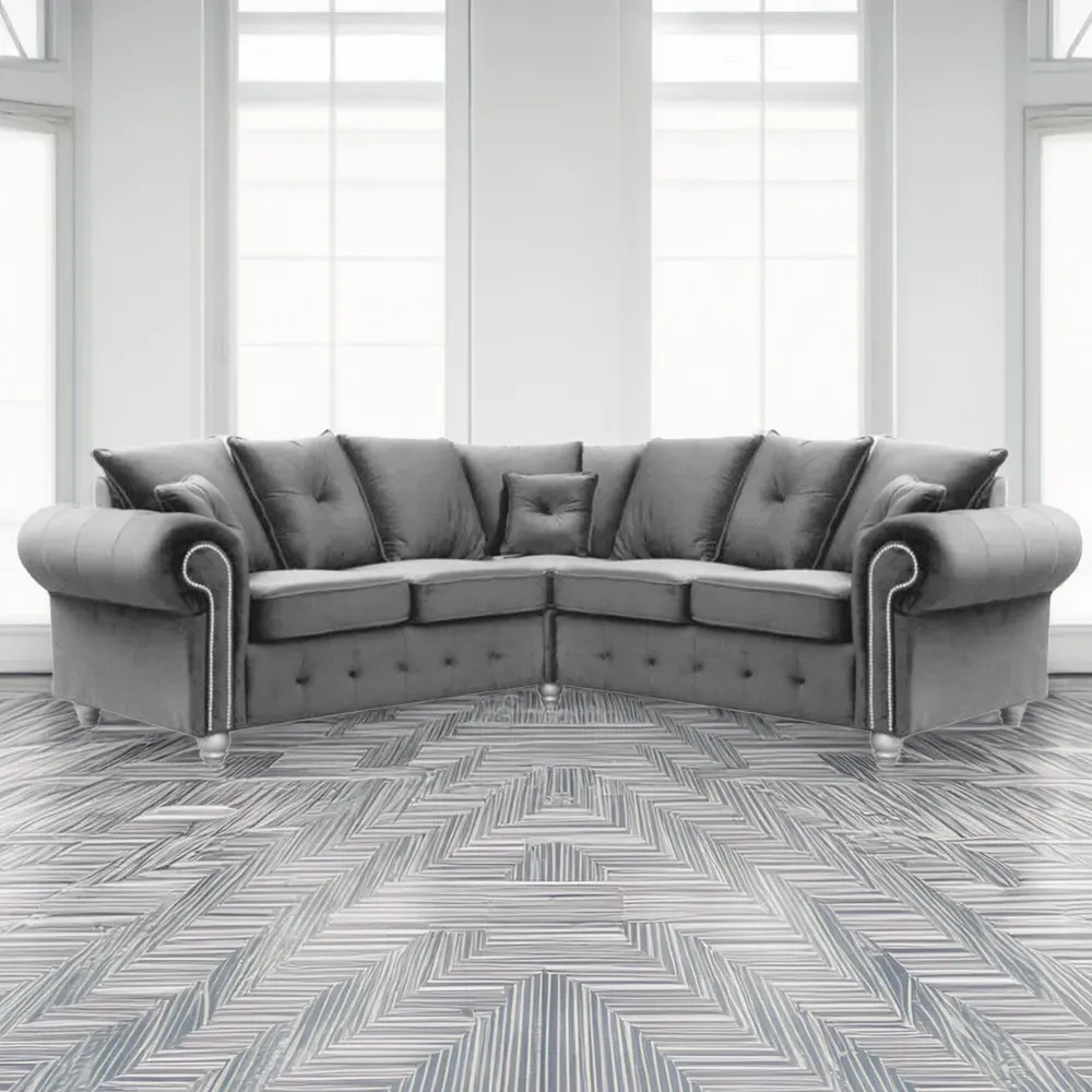 Zoey L-Shaped 5-Seater Chesterfield Corner Sofa - Grey, Velvet